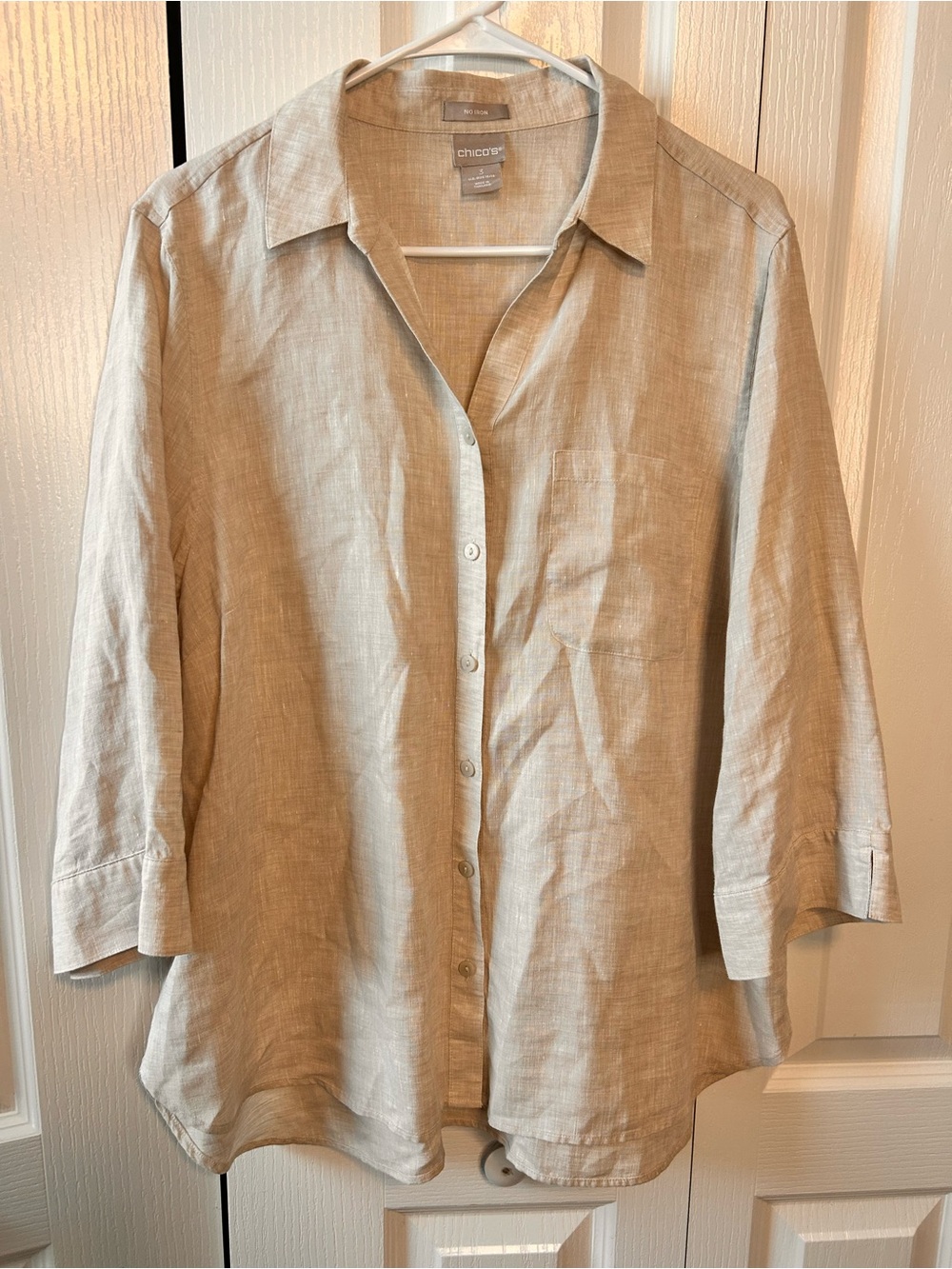 Chico's Women’s Size 3 100% Linen No Iron Button-Front Collared Shirt Beige Tan